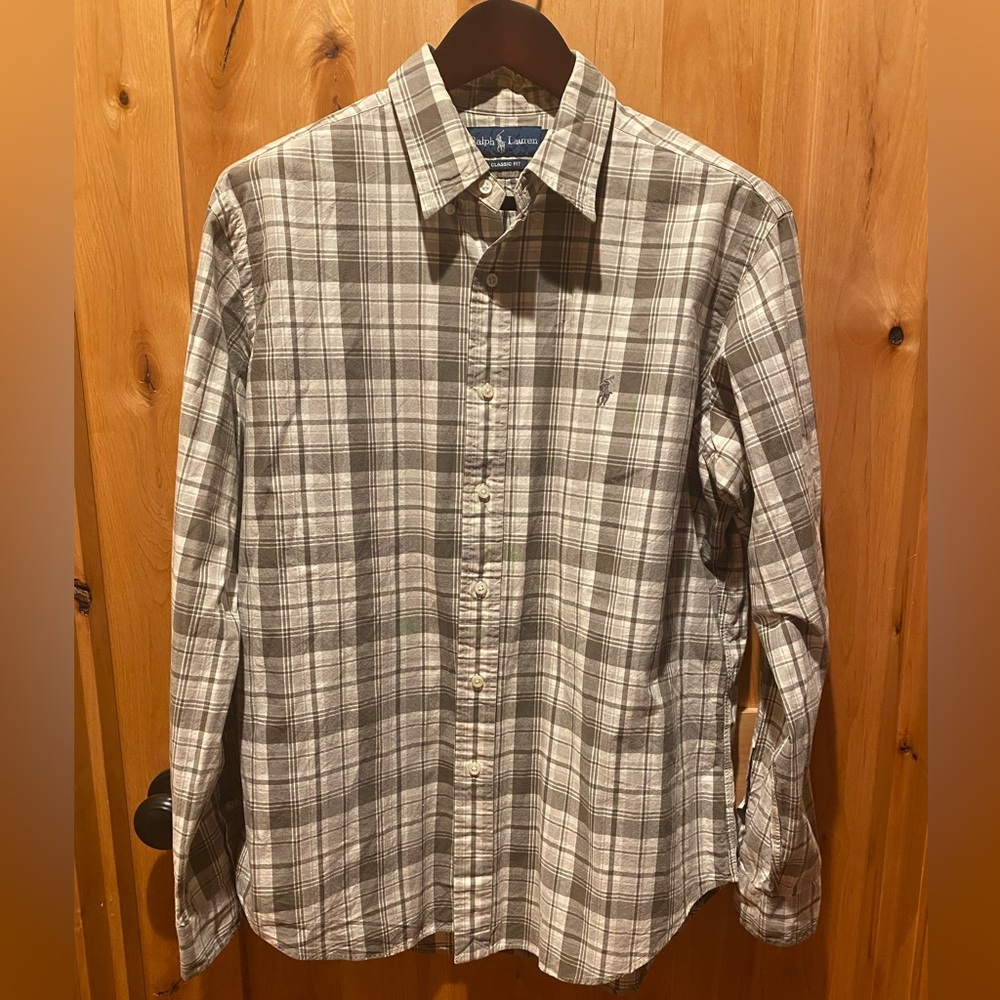 POLO RALPH LAUREN men’s classic fit button up size L, gray and cream, brownish